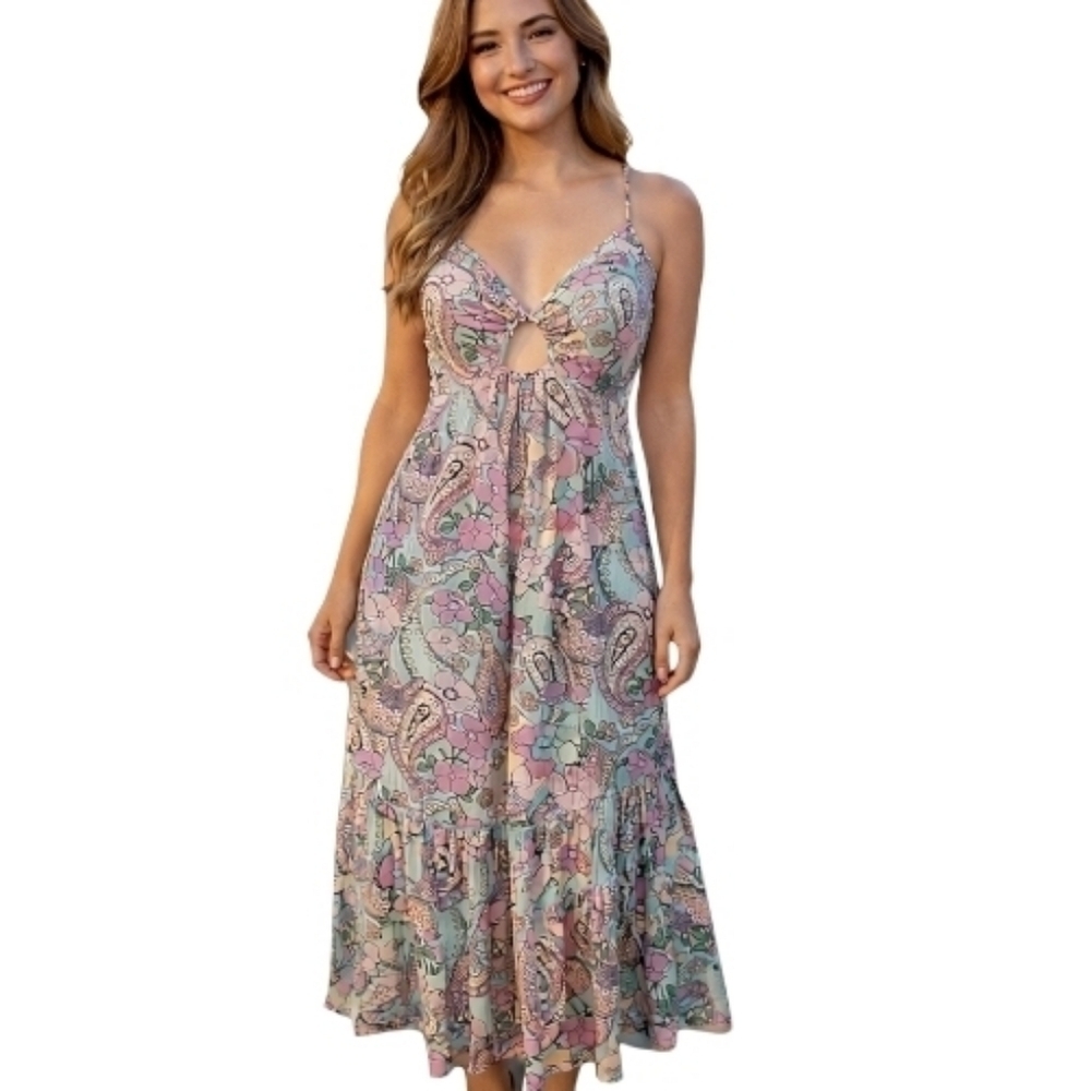 Liberty Love Floral paisley Maxi Dress Chest Cutout Boho Festival M